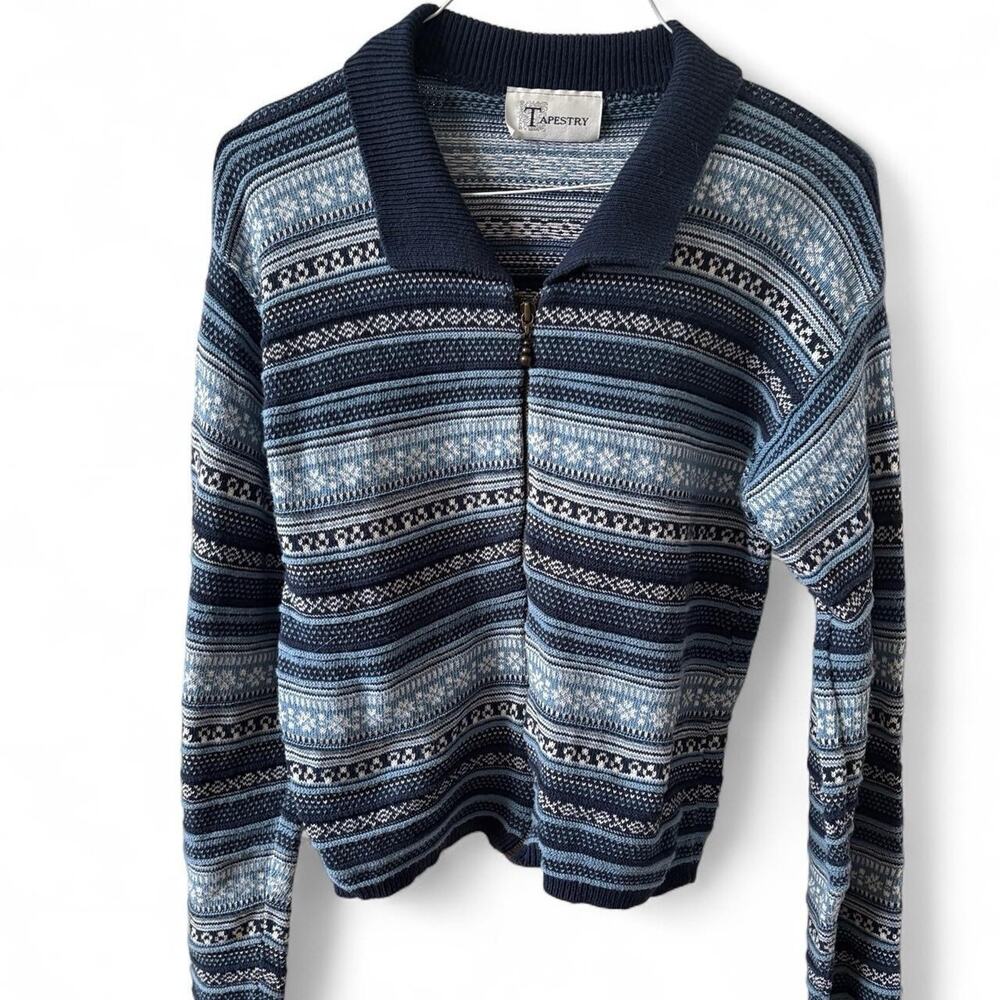 Vintage Tapestry Full Zip Sweater Jacket Blue Fair Isle Knit Womens M